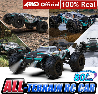 Teal and white 1:16 4x4 RC off-road truck with rugged black tires