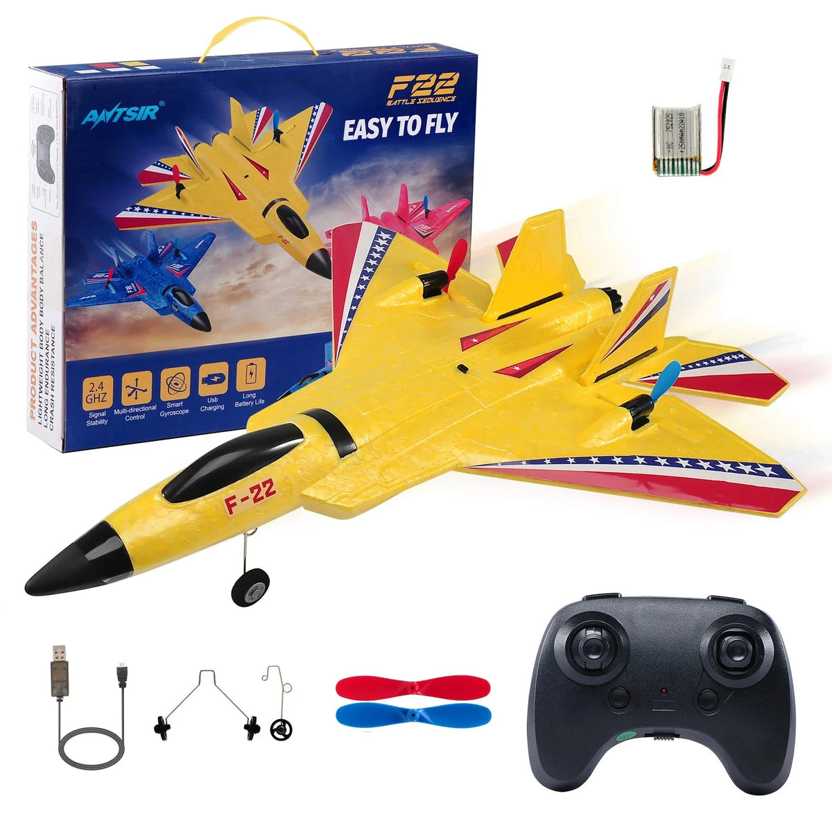 Yellow RC foam jet aircraft with remote controller and propeller accessory set