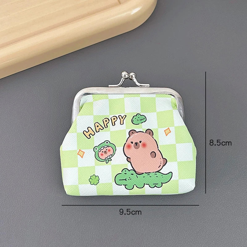 Green checkered capybara coin purse with kiss-lock metal clasp and cute cartoon character