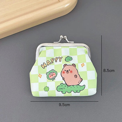 Green checkered capybara coin purse with kiss-lock metal clasp and cute cartoon character