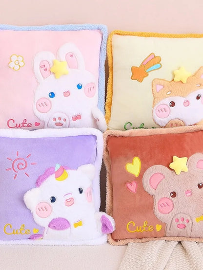 Kawaii pillow and blanket set with four cute animal pillows: pink, lavender, tan, orange