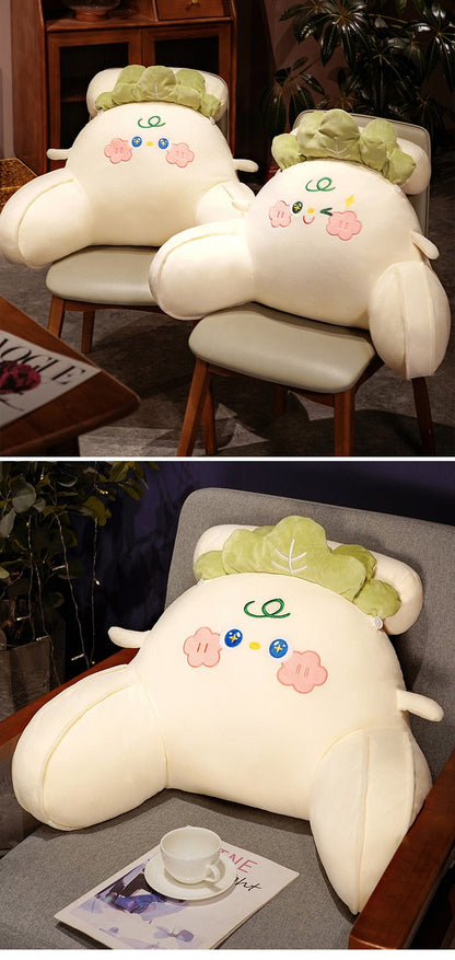 Cabbage-shaped reading pillow, cream cushion with green leaf top and cute embroidered face