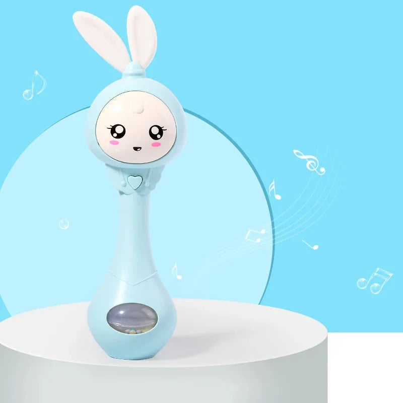 Blue rabbit baby rattle toy standing with bunny ears and light window