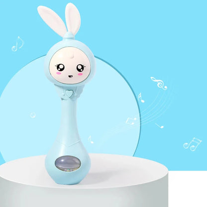Blue rabbit baby rattle toy standing with bunny ears and light window