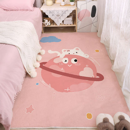 Pink cartoon space area rug with planet character and small hearts