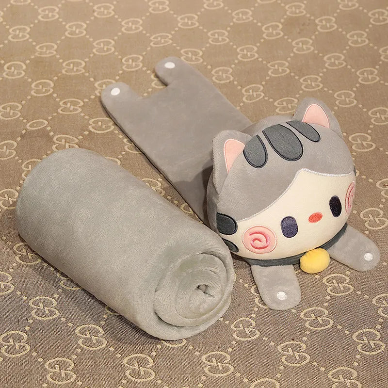 Light grey cat pillow blanket roll with cute face pouch, curled blanket end visible