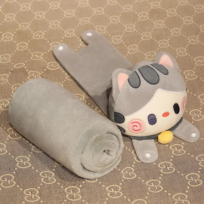 Light grey cat pillow blanket roll with cute face pouch, curled blanket end visible