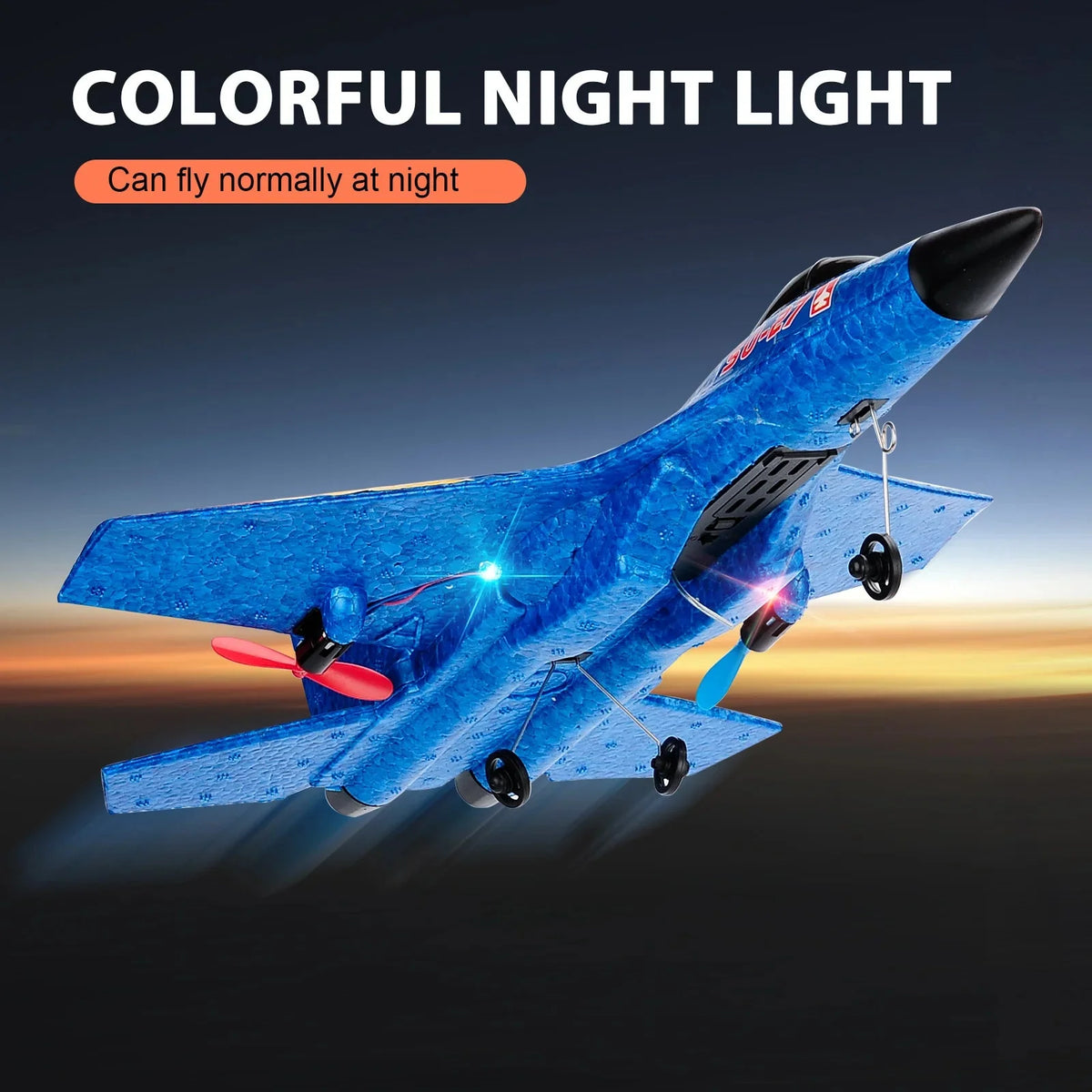Blue EPP RC airplane with glowing LED accents and black prop nose, remote control toy