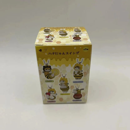 Yellow cube box of bee and cat twisted egg anime figure keychains, 5-pack