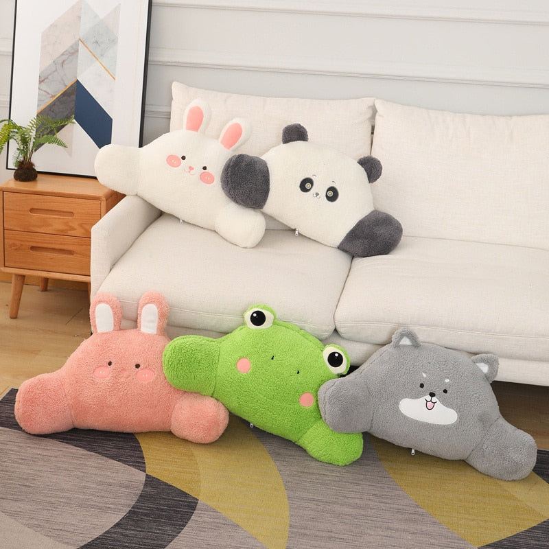 Set of animal plush cushions: pink bunny, green frog, panda, and gray bear