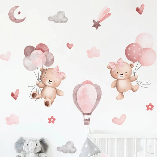 Kids & Nursery Wall Stickers – Watercolour Bears, Hearts & More | Self-Adhesive Peel & Stick | Nursery, Bedroom & Playroom Decor