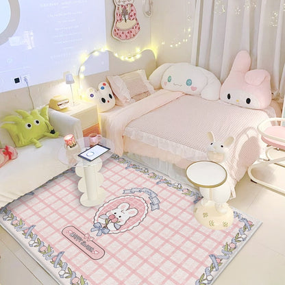 Pastel plush area rug with pink plaid and cute animal cartoon pattern, light pink and blue