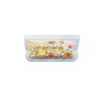 Reusable silicone food storage bag with clear zip top, filled with multicolored cereal