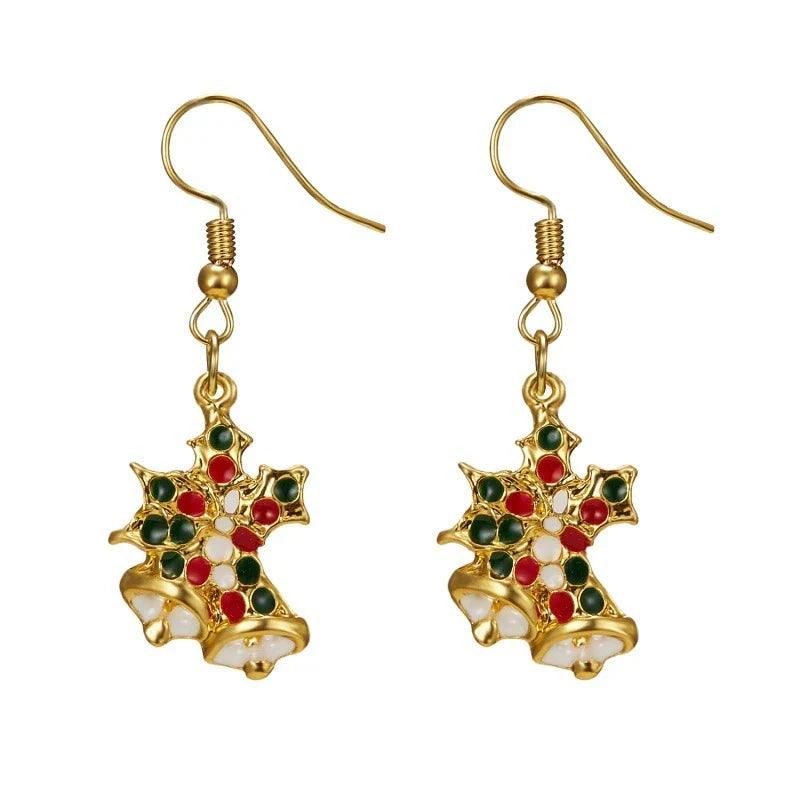 Gold drop earrings with multi-color holly star charm: green, red, white, gold