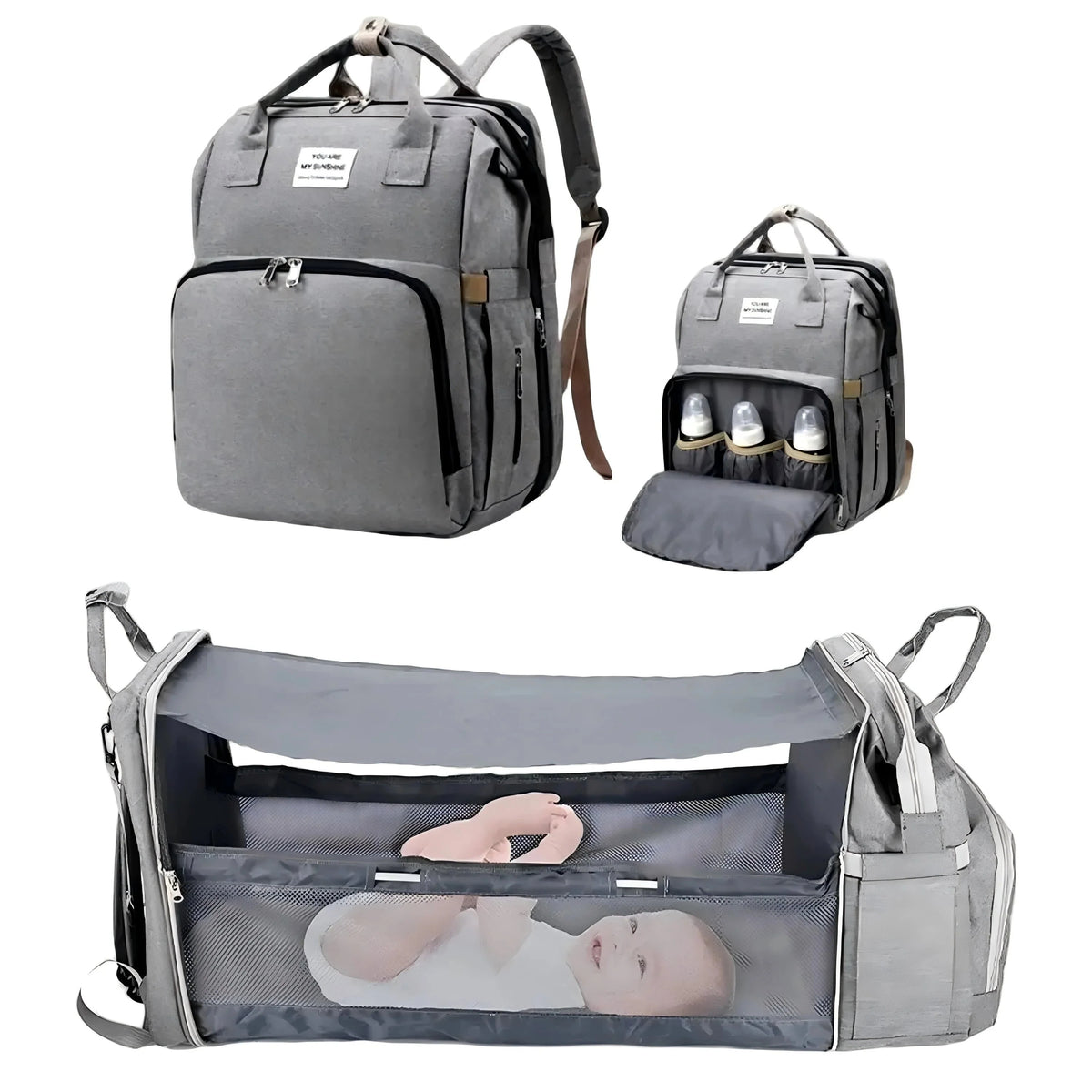 Gray diaper bag backpack with foldable baby bed and transparent viewing window.