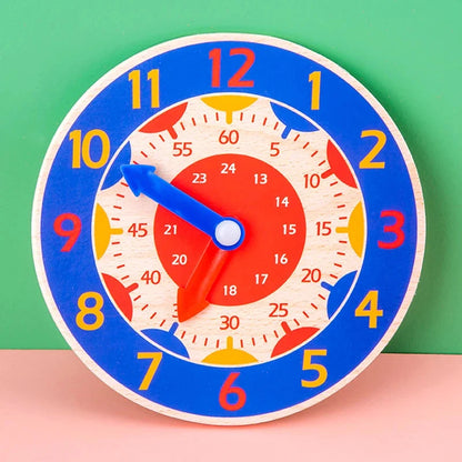 Montessori wooden learning clock with blue outer ring, colorful number dial, and hands