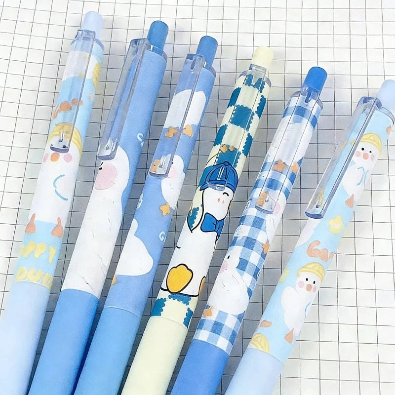 Duck gel pen set with blue caps and clear barrels, mixed duck and gingham designs
