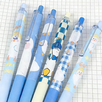 Duck gel pen set with blue caps and clear barrels, mixed duck and gingham designs