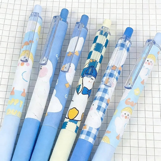 Duck gel pen set with blue caps and clear barrels, mixed duck and gingham designs