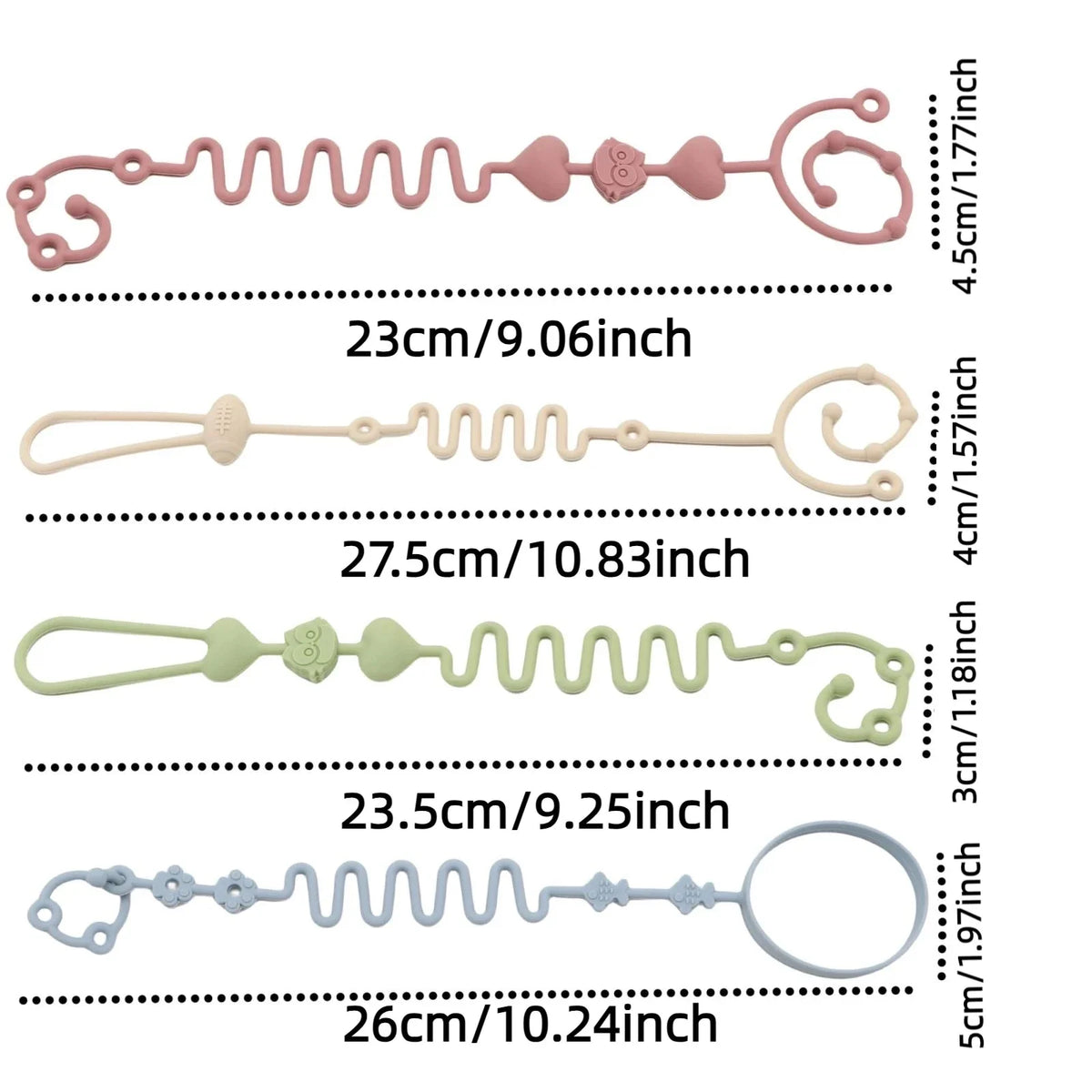 Assorted silicone pacifier chain set shown laid out with clip and ring ends