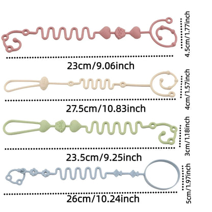 Assorted silicone pacifier chain set shown laid out with clip and ring ends