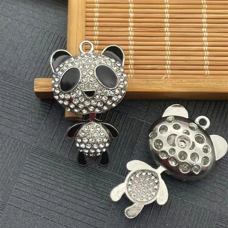 Charm set featuring rhinestone panda face and body keychain-like pendant pieces