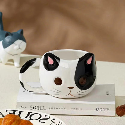 Cat ceramic mug, white with black ear spots and brown nose, cute whisker face