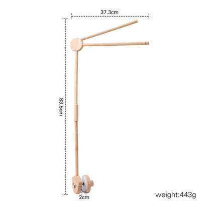Wooden crib mobile holder with vertical stand and two horizontal support arms