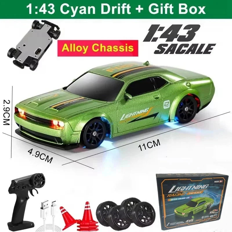 Cyan 1:43 drift RC car set with remote control and spare wheels, gift box