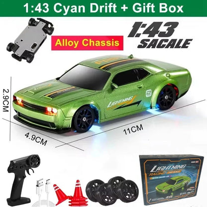 Cyan 1:43 drift RC car set with remote control and spare wheels, gift box