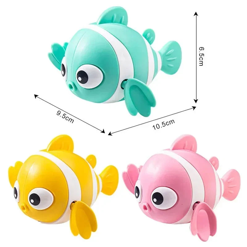 Three clown fish bath toys (yellow, pink, teal) with white stripes and size markings.