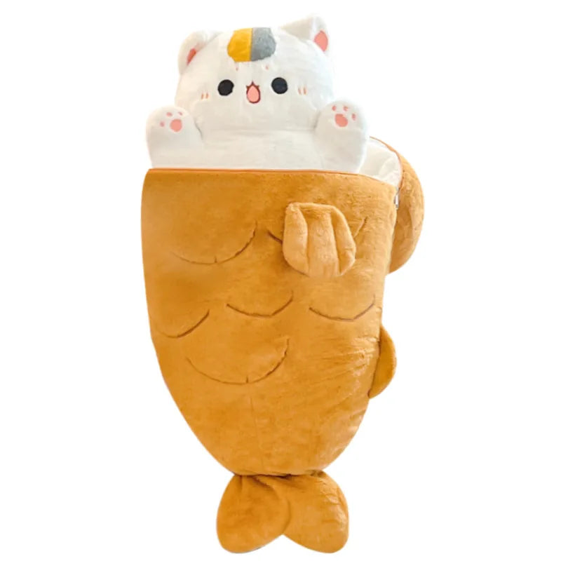 Standing cat-themed plush with white head and orange-brown body, small paw details