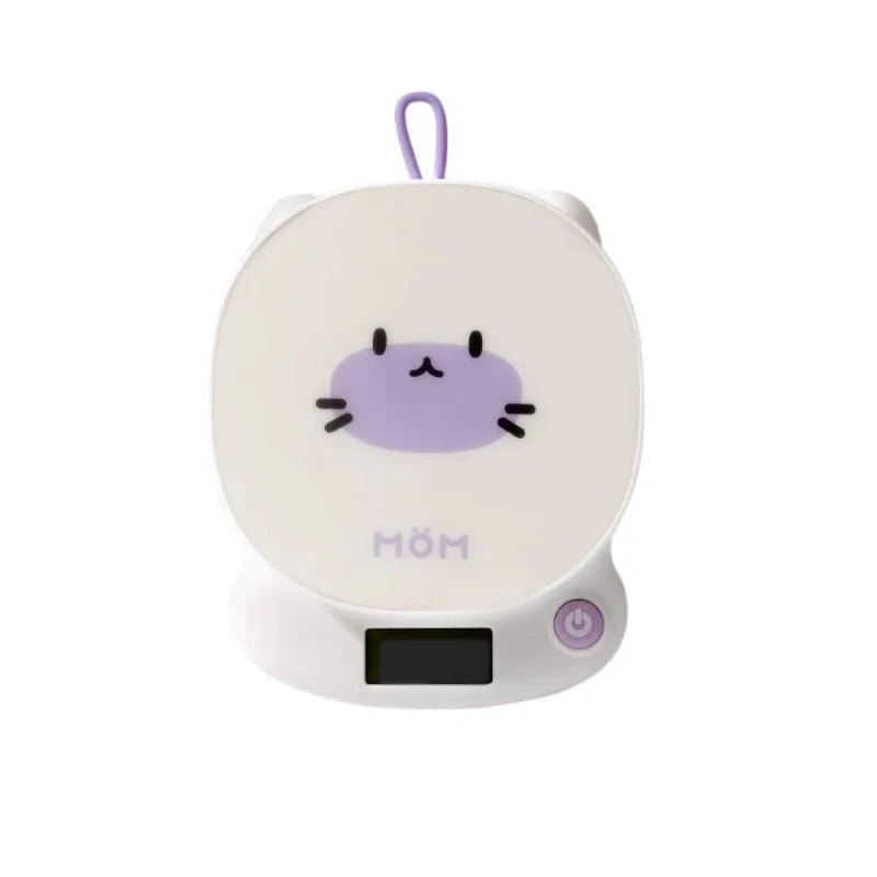 Cat digital kitchen scales with cream round face, LCD display and purple control button