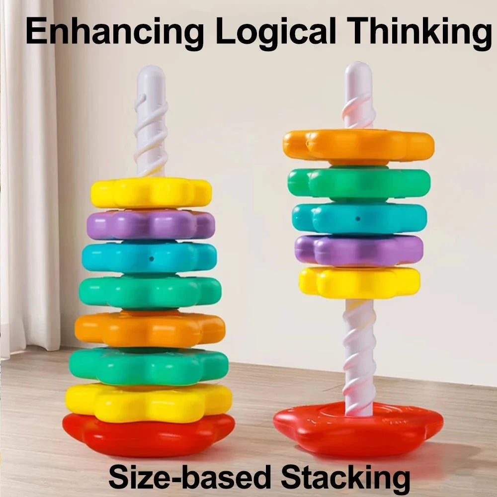 Two rainbow stacking tower toys with colorful discs on red bases and white poles