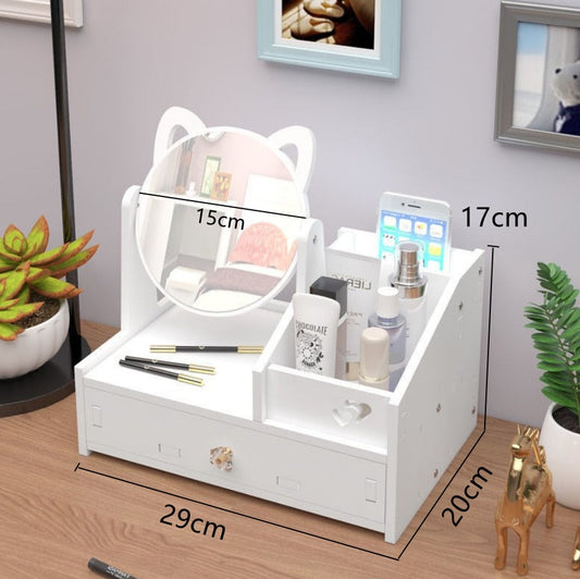 White makeup storage organizer with round mirror and drawer, 29x17x20cm; 15cm depth