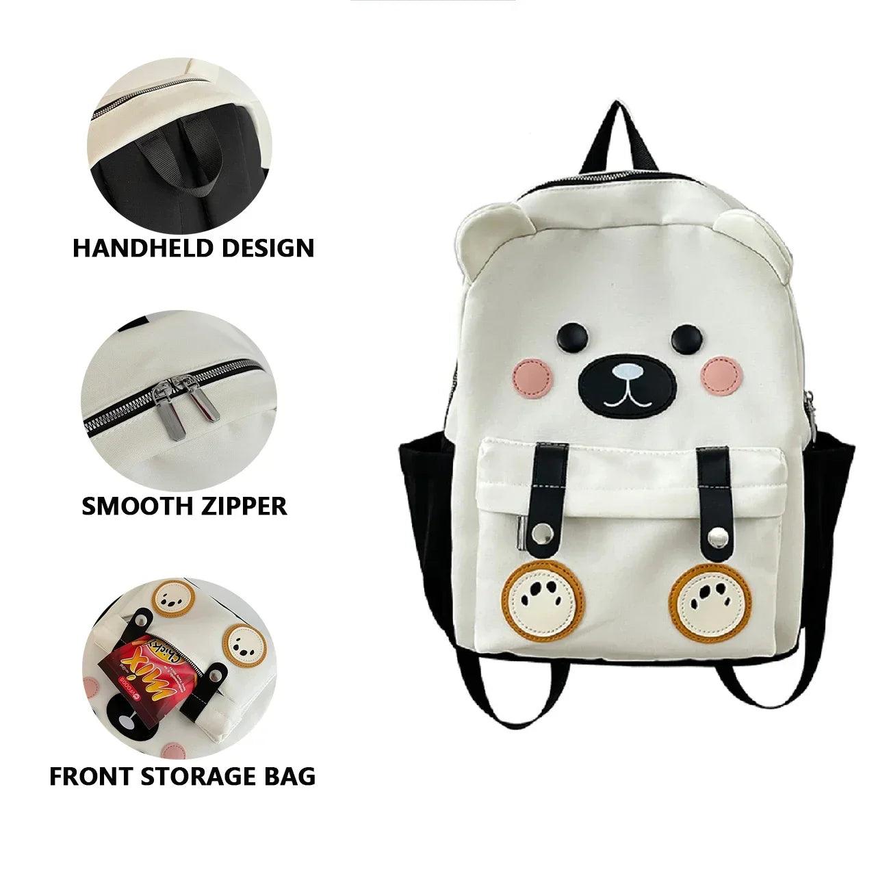 White cute bear backpack with smooth zipper, front storage pocket, and bear-face front