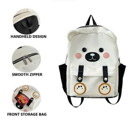 White cute bear backpack with smooth zipper, front storage pocket, and bear-face front