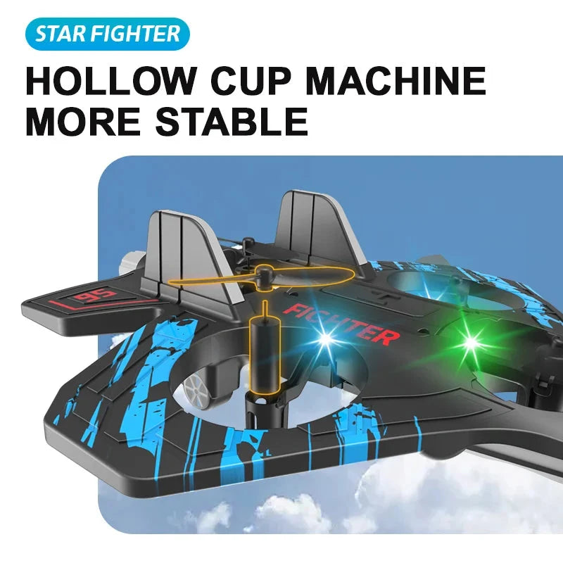 RC foam fighter jet with multicolor LED lights, twin side fins, and circular props