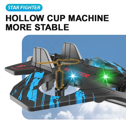 RC foam fighter jet with multicolor LED lights, twin side fins, and circular props