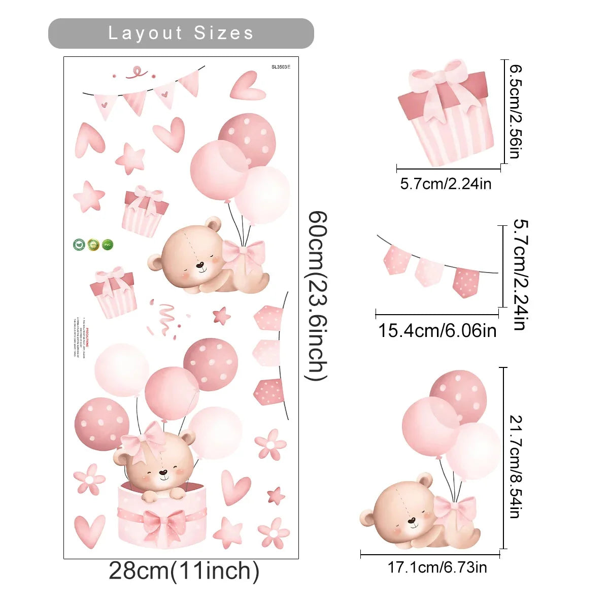 Kids & Nursery Wall Stickers – Watercolour Bears, Hearts & More | Self-Adhesive Peel & Stick | Nursery, Bedroom & Playroom Decor