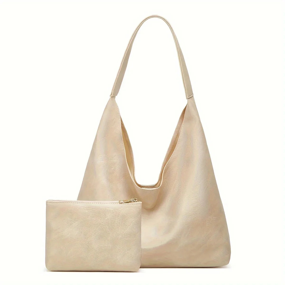 Ivory shoulder tote bag with large open top and matching front zip pouch