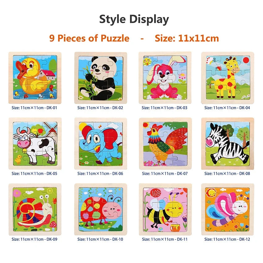 Wooden jigsaw puzzle styles display showing nine framed animal cartoon pictures