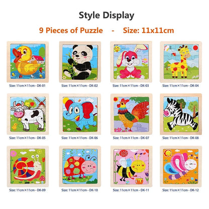 Wooden jigsaw puzzle styles display showing nine framed animal cartoon pictures