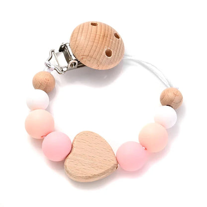 Baby pacifier clip with wooden heart bead and silicone pink beads, round star teether