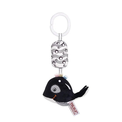 Whale plush stroller hanging bell rattle with TOLOLO tag and striped body