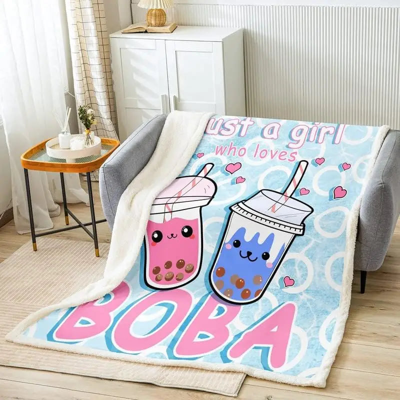 Boba tea fleece blanket with cute drink characters and B0BA text graphic