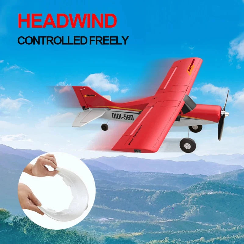 Red RC off-road aircraft with propeller, wing LED light, and four-wheel landing gear