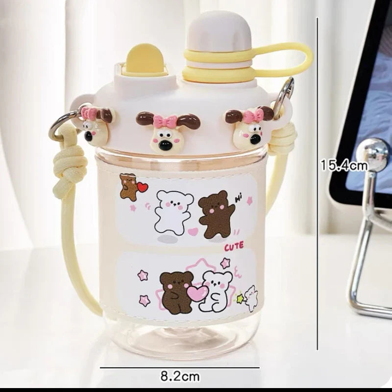 Pink animal water bottle with straw, carry strap, and cute bear and rabbit stickers