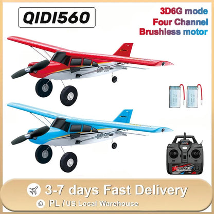 Red and blue 4-channel RC brushless airplane with LED lights and included batteries