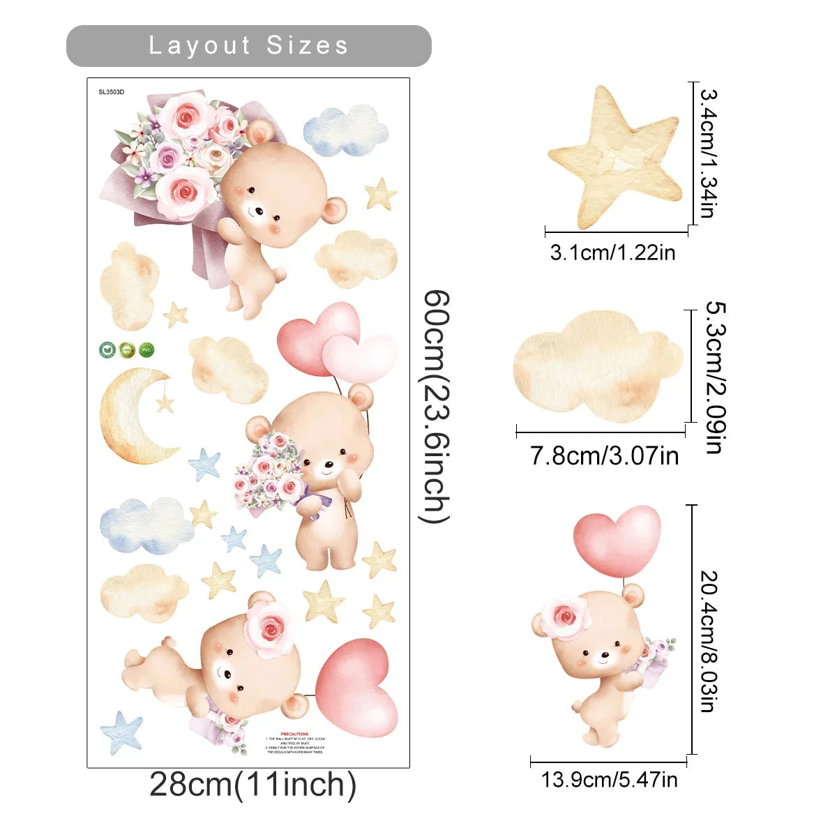 Kids & Nursery Wall Stickers – Watercolour Bears, Hearts & More | Self-Adhesive Peel & Stick | Nursery, Bedroom & Playroom Decor